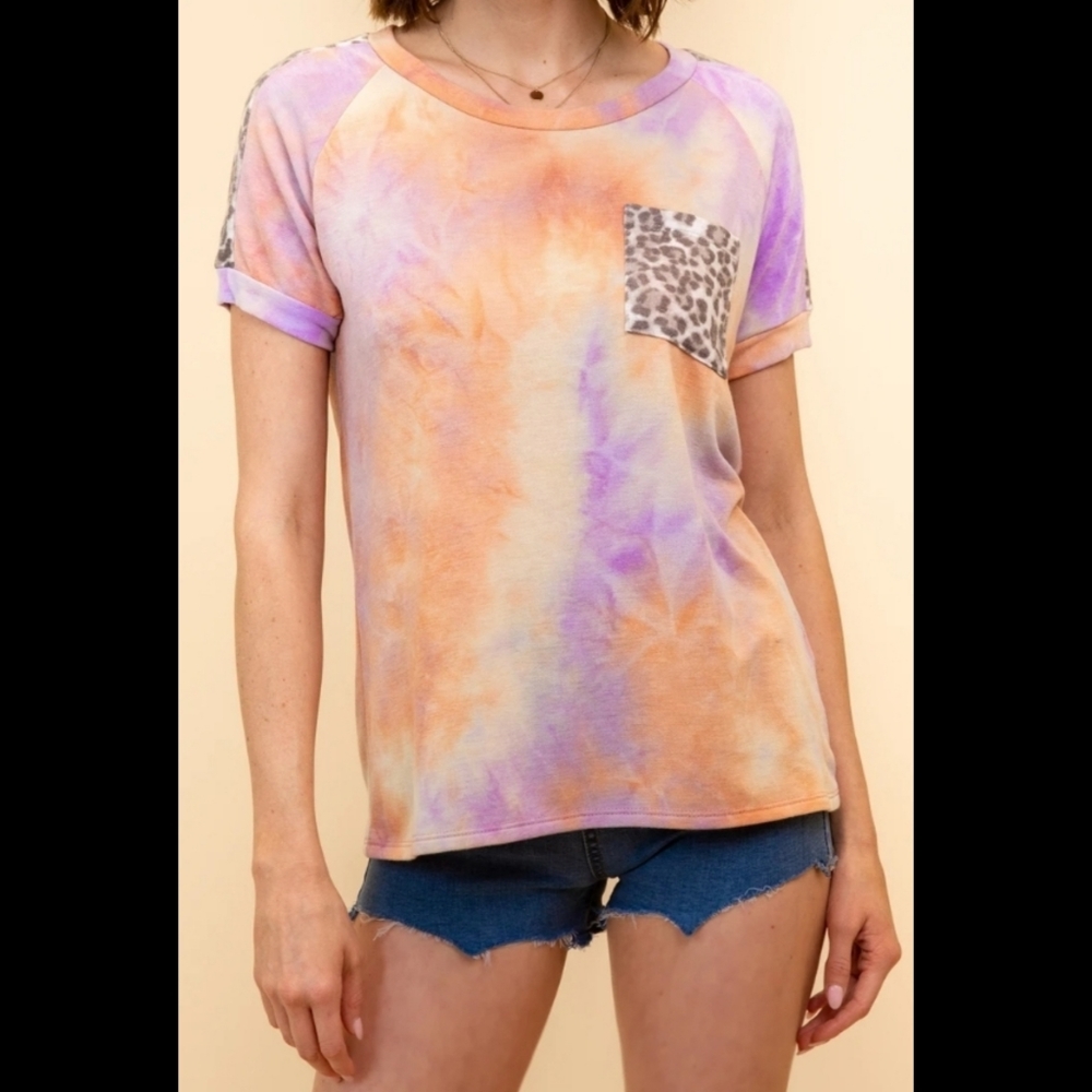 5. Pastel orange & lavender tie dye short sleeve top animal print pocket